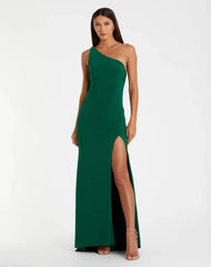 Green Jersey One Shoulder Draped Back Gown
