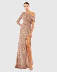 Pink Sequined Drop Shoulder Faux Wrap Gown - FINAL SALE