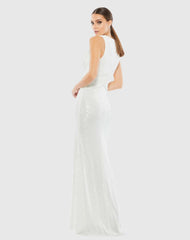 White V-Neck Sequin Wrap Waist Gown