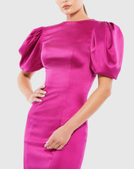 Pink Satin Puff Sleeve Fitted Mini Dress