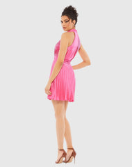 Pink High Neck Pleated A-Line Mini Dress