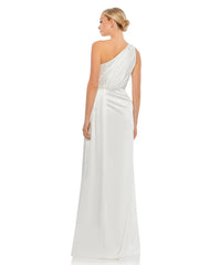White Gathered One Shoulder Satin Faux Wrap Gown