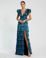 Blue Ruffle Tiered Criss Cross Lace Up Gown