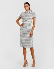 White Fitted Boucle  Short Sleeve Button Up Midi Dress