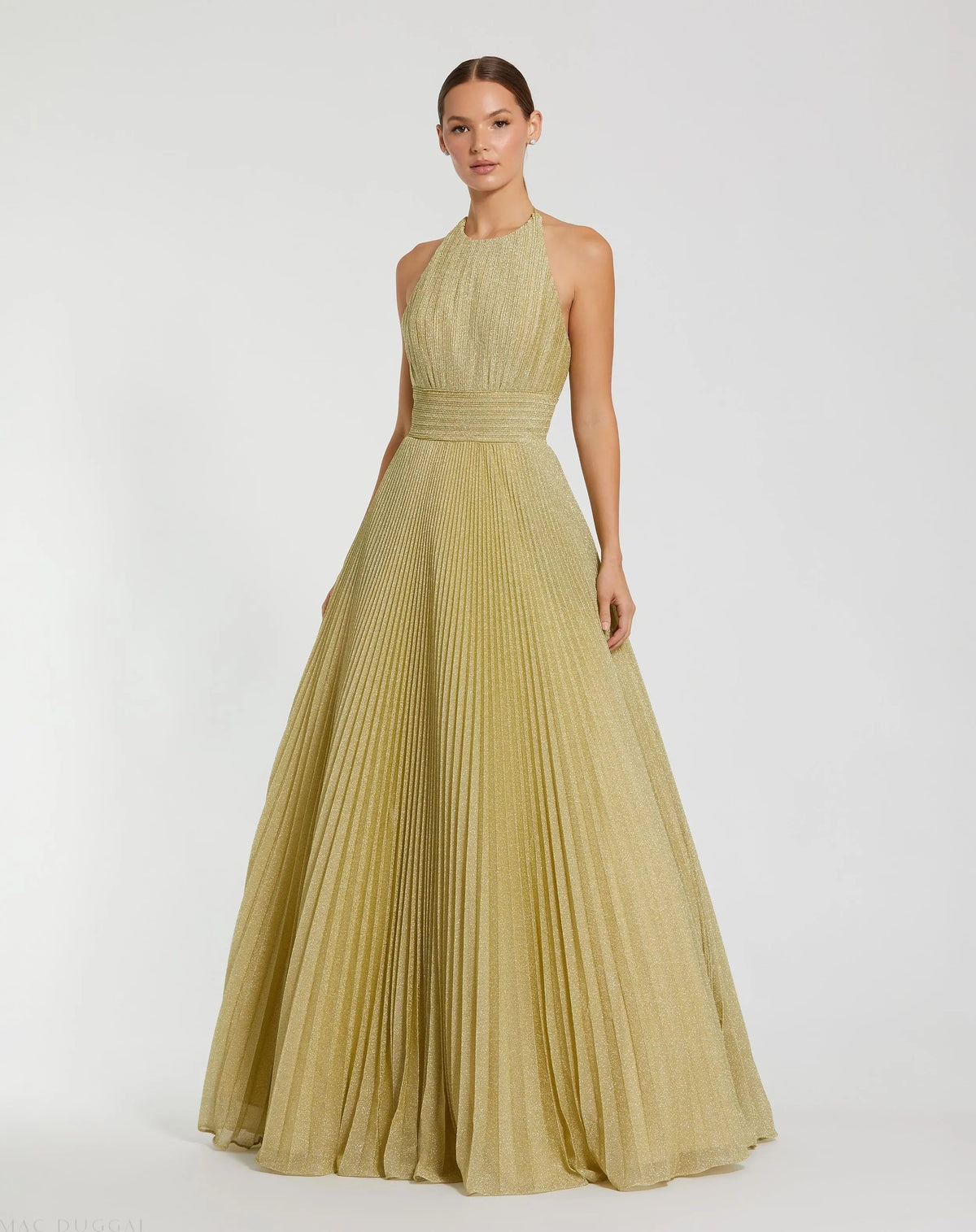 Gold Shimmering Pleated High Neck Ballgown