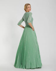 Green Pleated Shimmering 3/4 Sleeve Gown