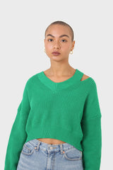 Green side neck slit V-neck jumper