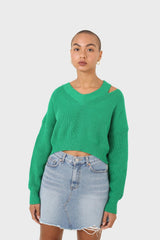 Green side neck slit V-neck jumper