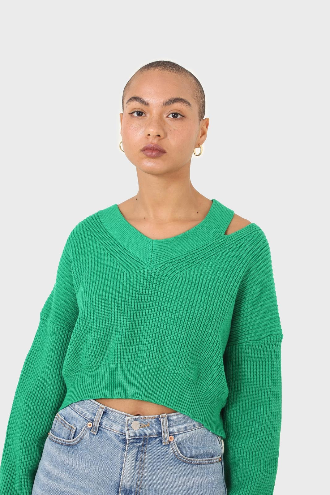 Green side neck slit V-neck jumper