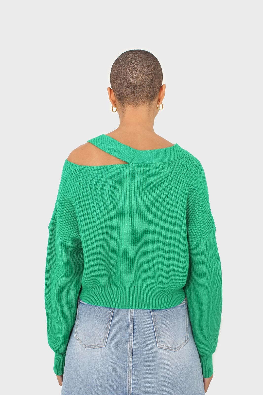 Green side neck slit V-neck jumper