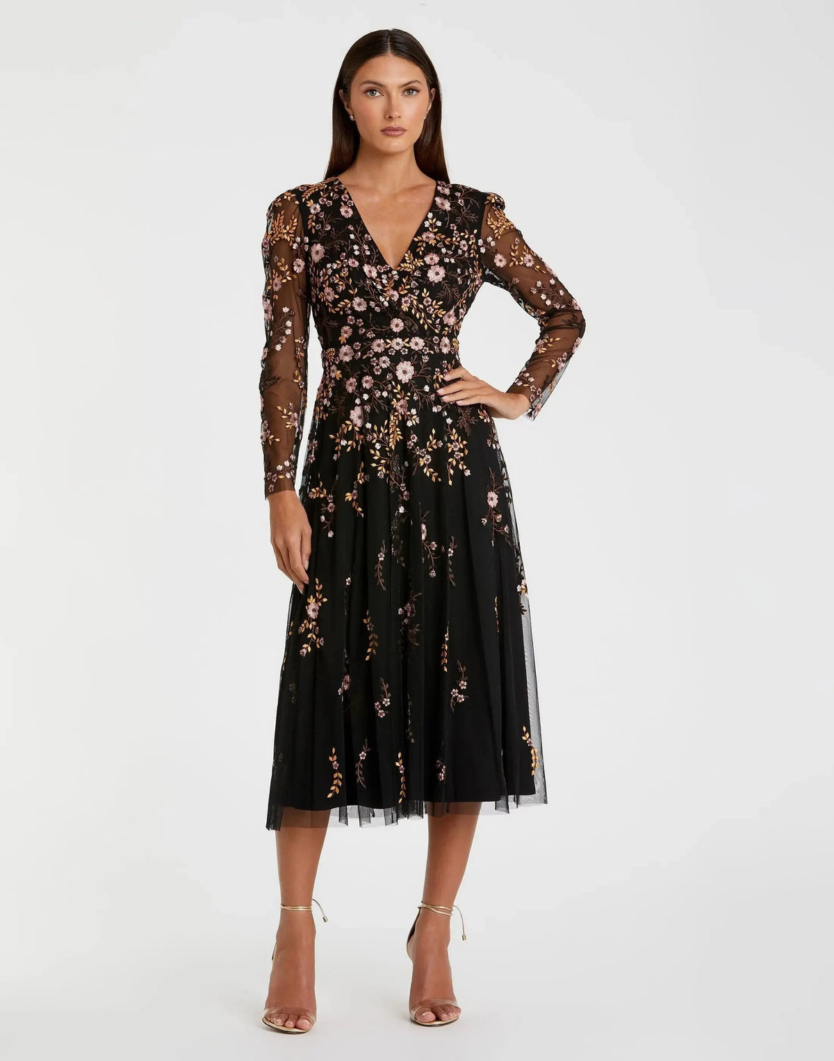 Multicolor Floral Embroidered A-Line Cocktail Dress