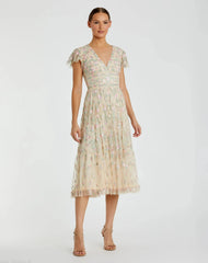 Embroidered V Neck Cap Sleeve Midi Dress