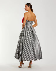 Black and White Strapless Boucle A Line Midi Dress With 3D Flower