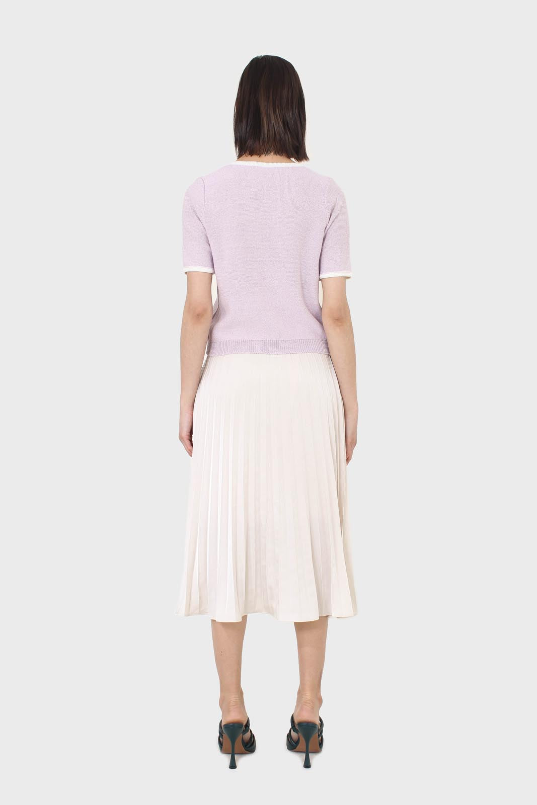 Beige metallic pleated midi skirt