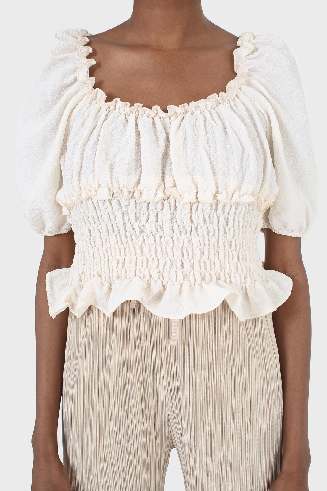 Beige silky micro pleat trousers