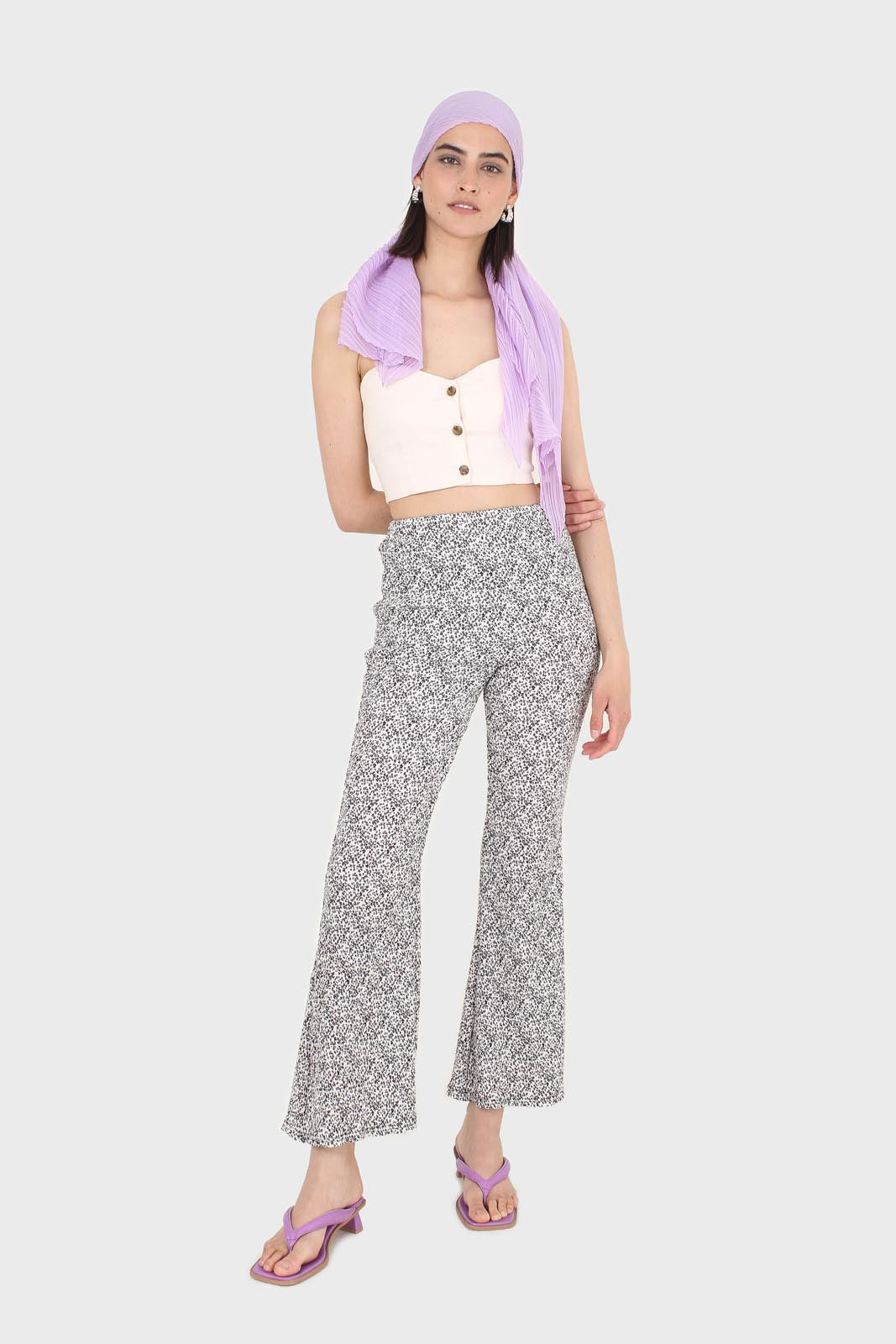 Ivory and charcoal dappled flare trousers