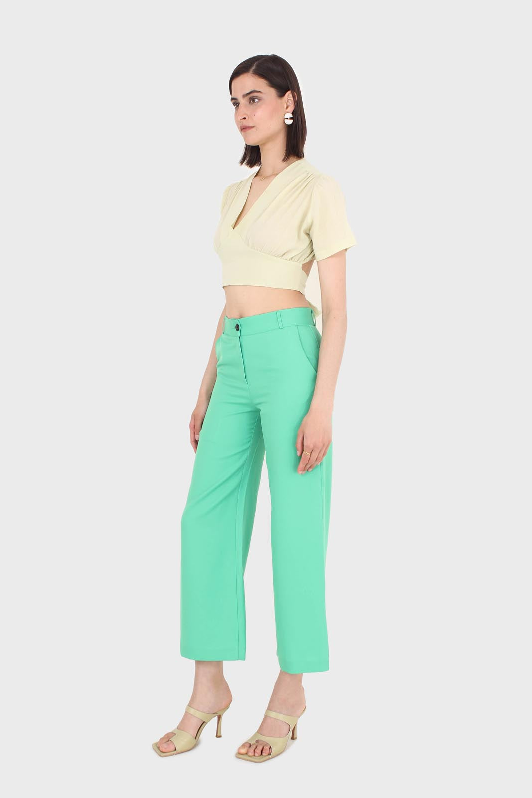 Light green deep V tie back cropped blouse