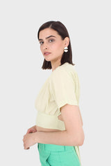 Light green deep V tie back cropped blouse