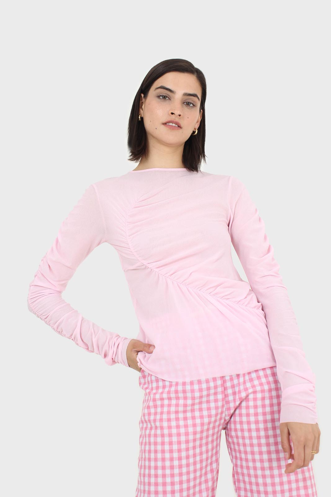 Pale pink sheer curved shirring top
