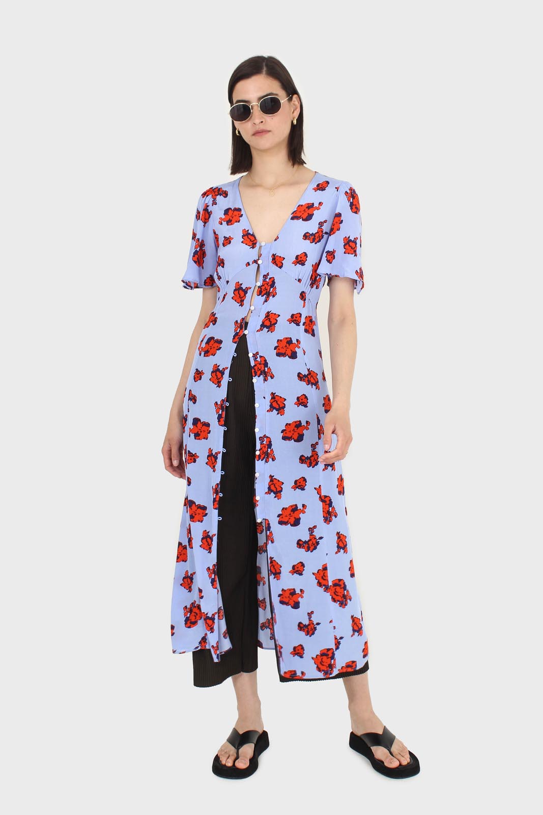 Pale blue and red floral print short sleeved maxi dress