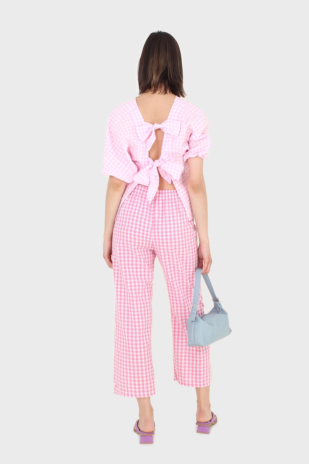 Pink and white gingham loose fit trousers