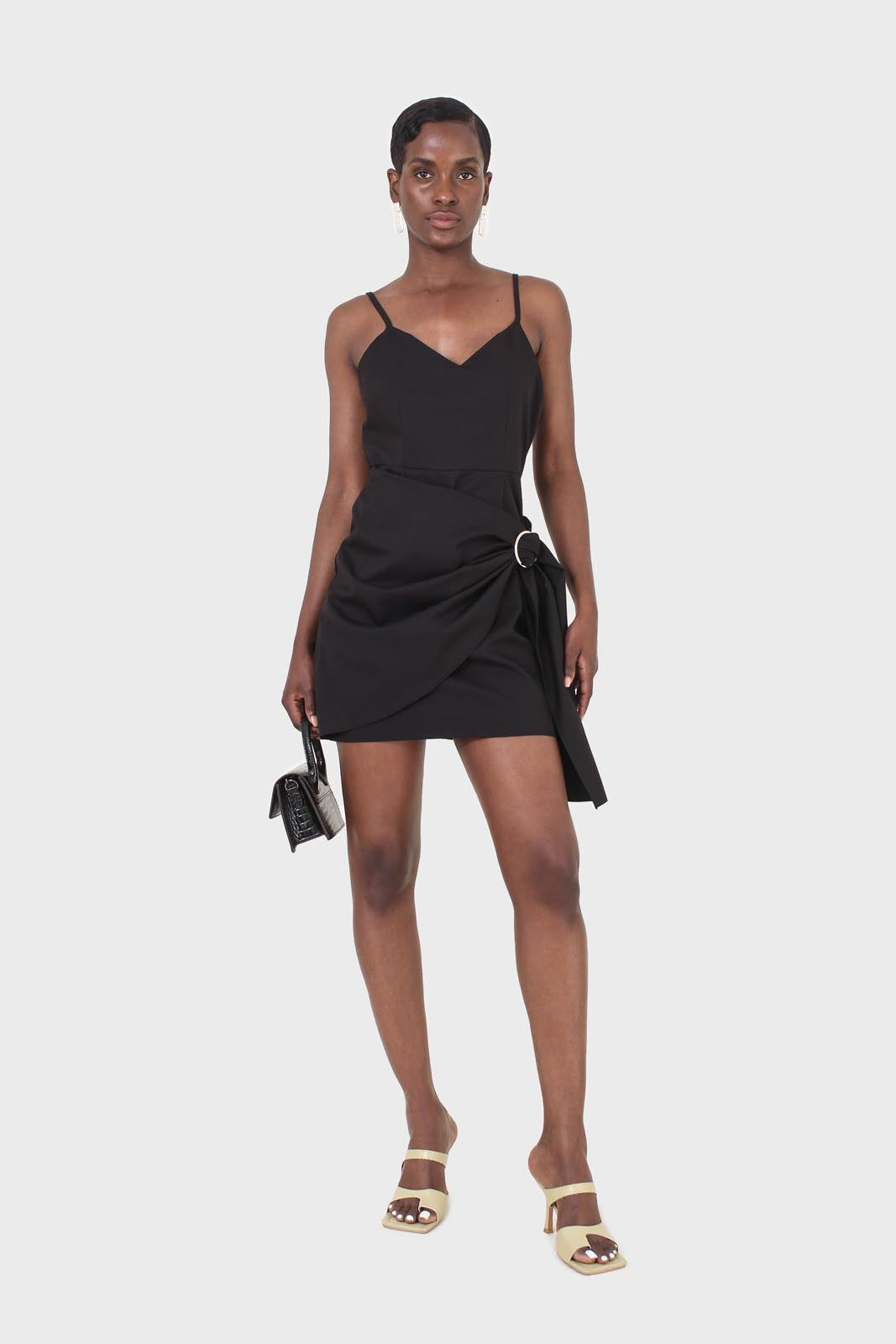 Black thin strap silver ring buckle mini dress
