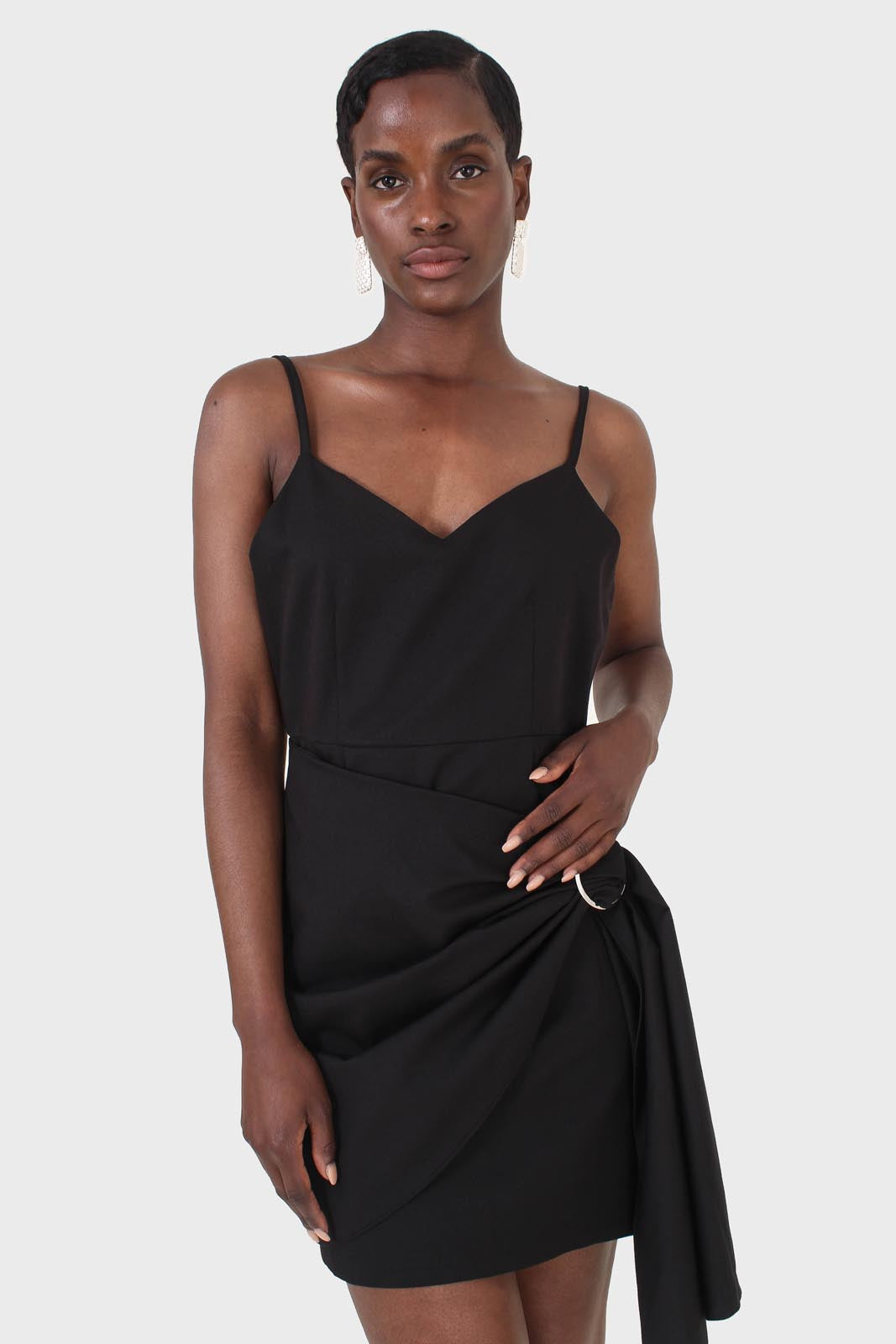 Black thin strap silver ring buckle mini dress