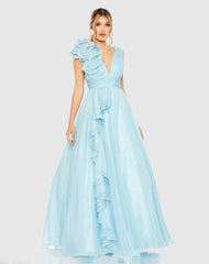 Ruffle Shoulder V-Neck Chiffon Gown