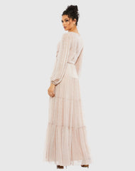 Pink V Neck Tiered Ruffle Gown