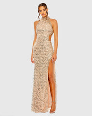 Side Cut Out High Neck Sequin Gown