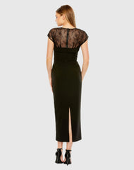 Black Sheer Lace Illusion Crepe Midi Dress