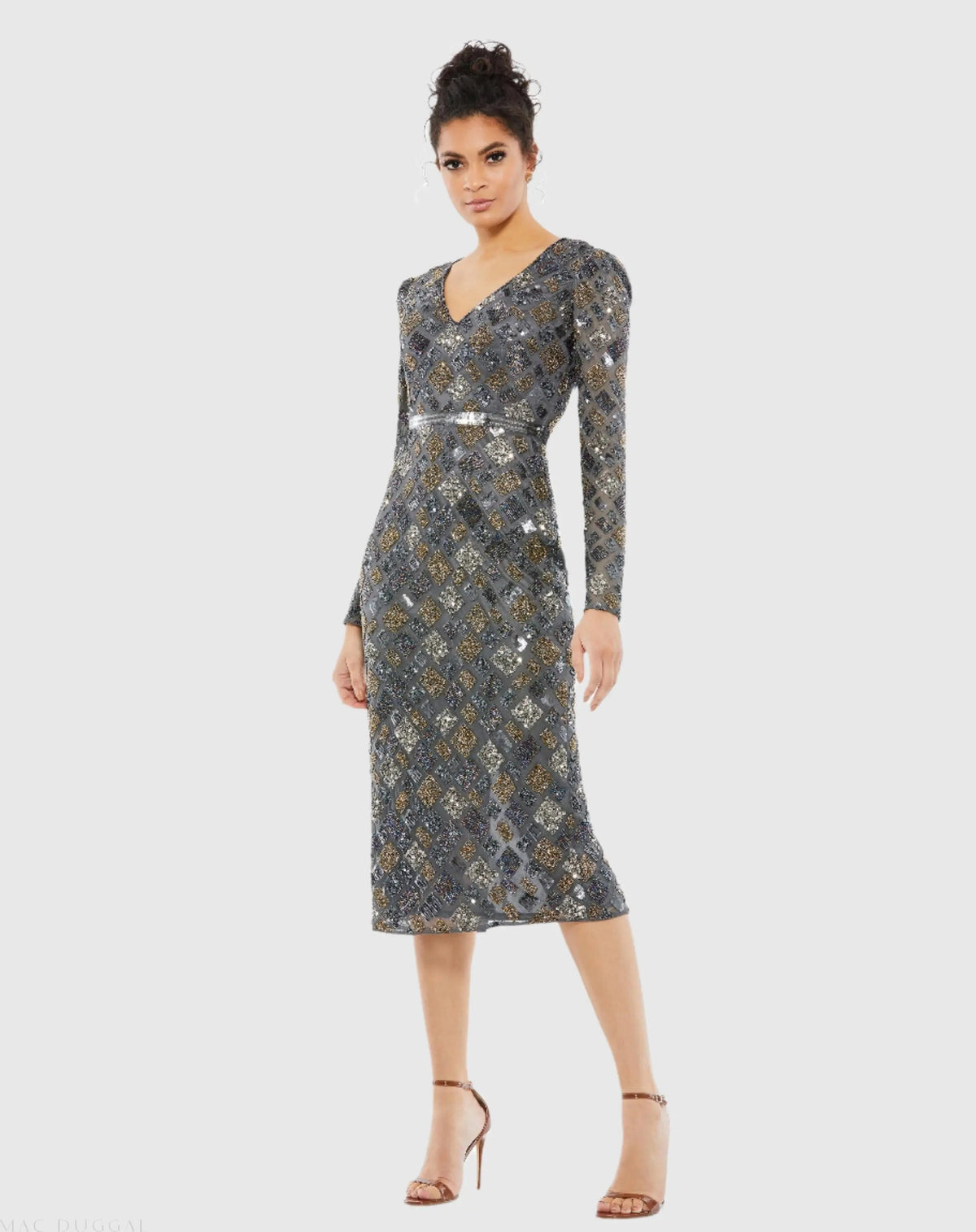 Gray Long Sleeve Geometric Sequin Midi Dress