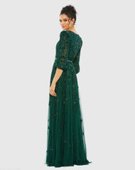 Green Embellished V Neck 3/4 Sleeve A Line Gown