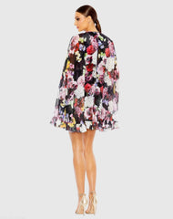Black Multicolor Floral Print High Neck Ruffle Hem Cape Mini Dress
