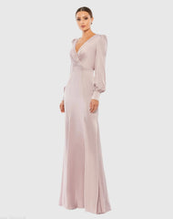 Pink Satin Ruched Bishop Sleeve Gown