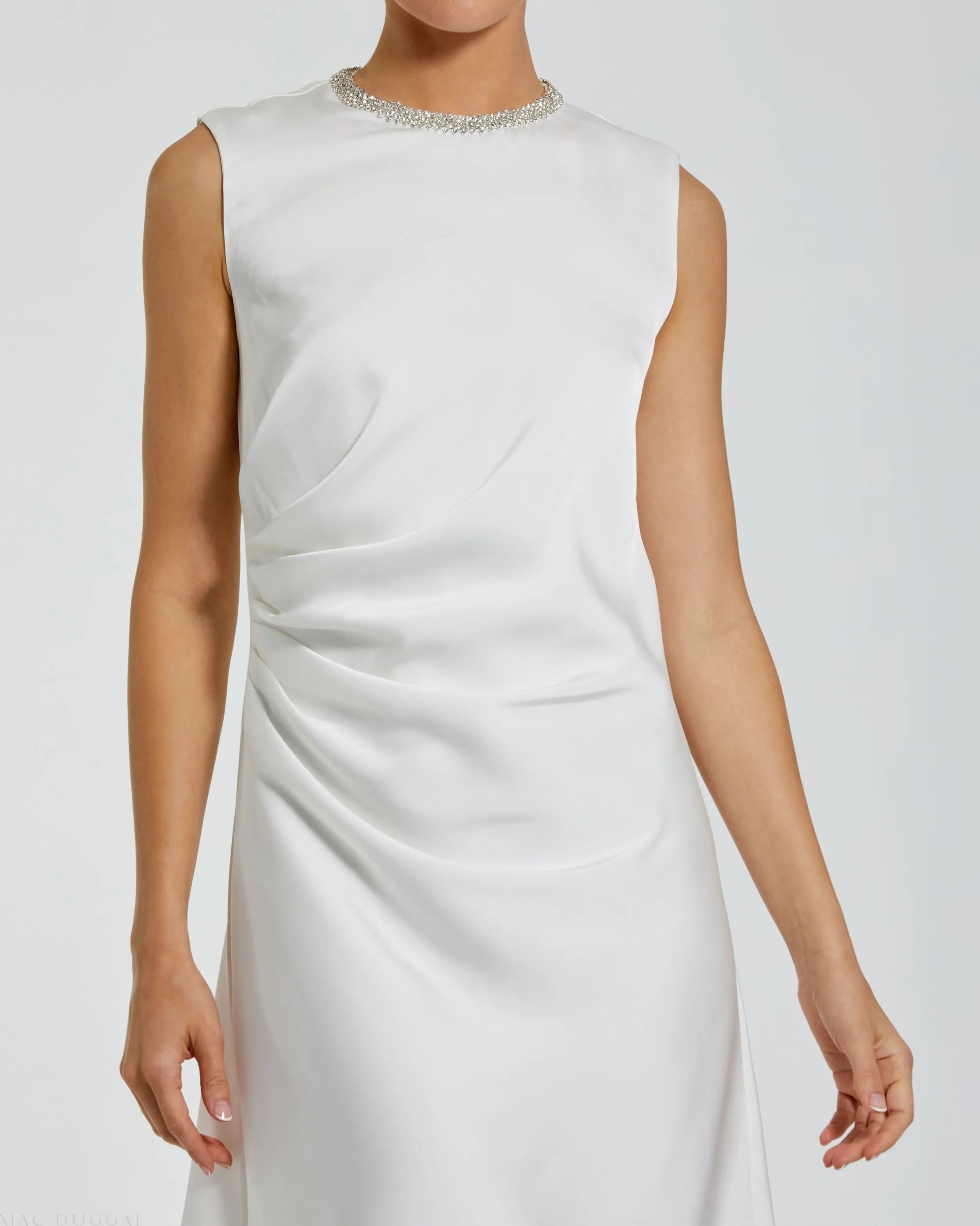 White Rhinestone Neckline Draped Mini Dress