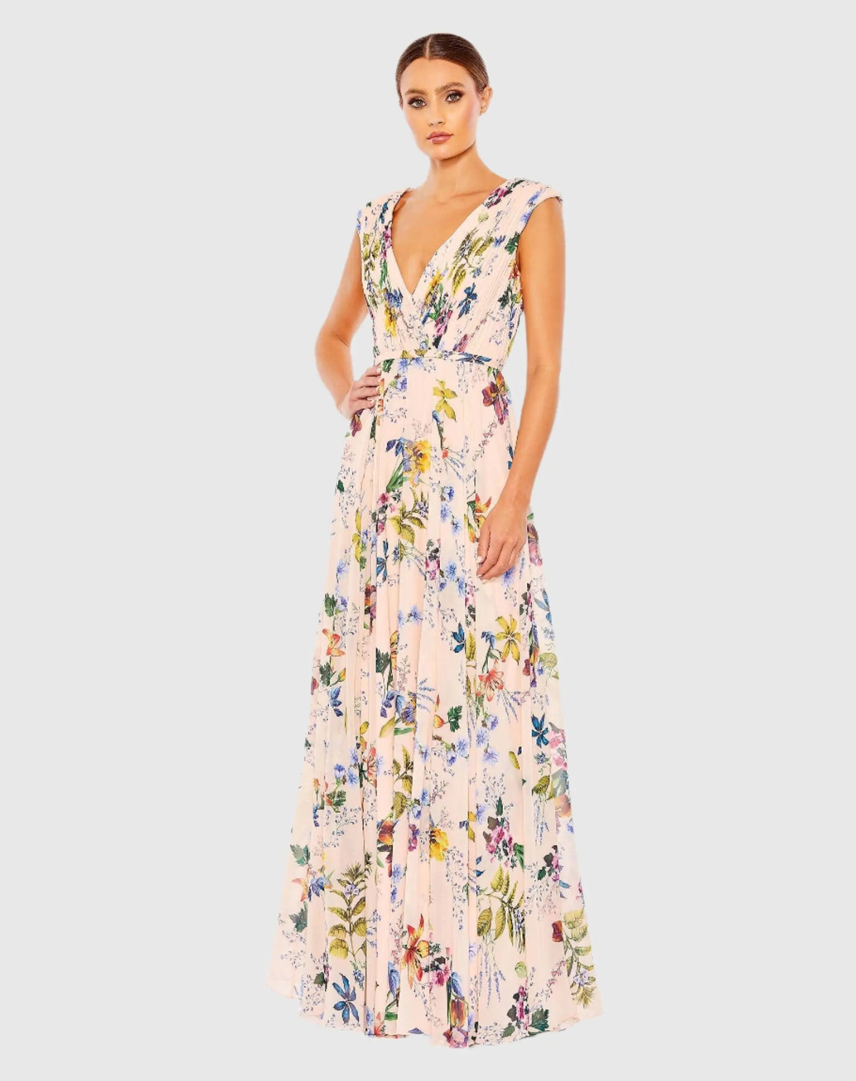 Pink Multicolor Pleated Floral Cap Sleeve A Line Gown