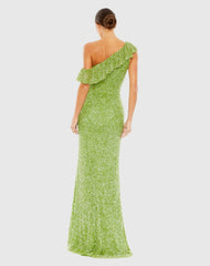 Green Sequined Drop Shoulder Trumpet Gown