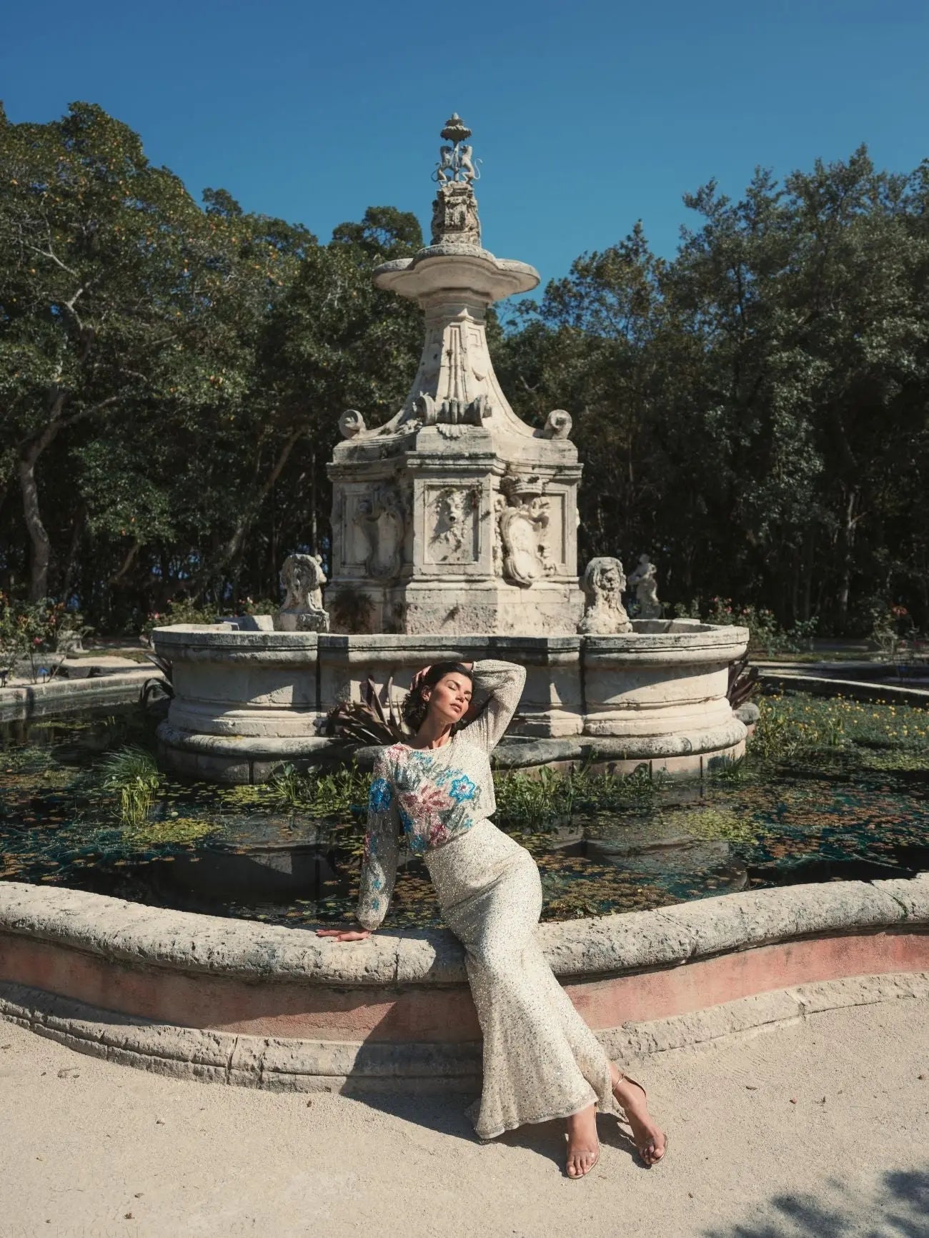 Beige High Neck Long Sleeve Sequin Gown