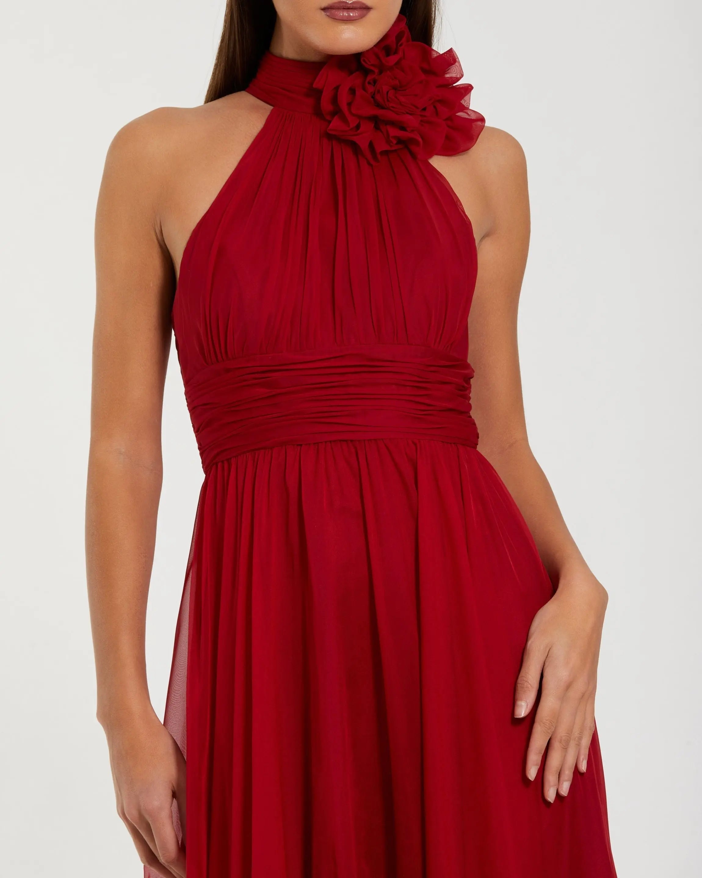 Red High Neck Sleeveless Chiffon Evening Gown with 3D Flower