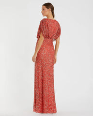Red Draped Sleeve V Neck Gown