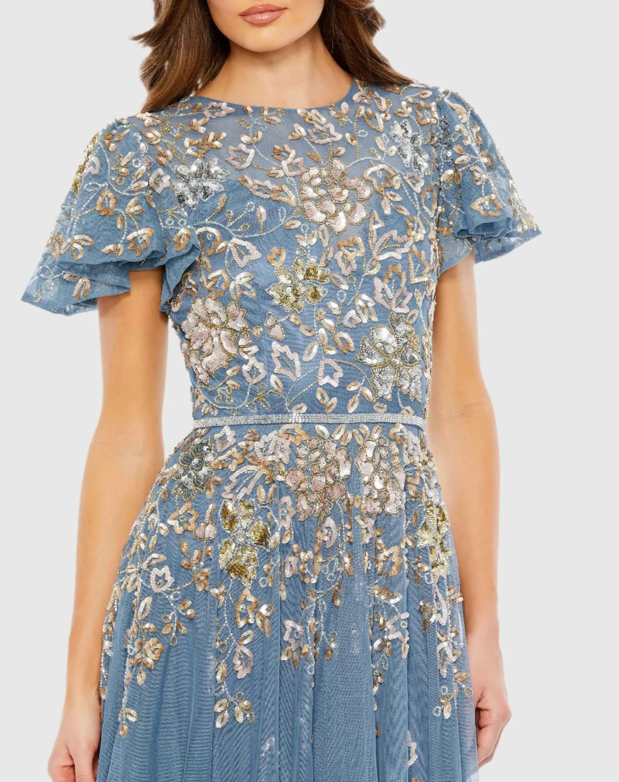 Blue Embellished Butterfly Sleeve High Neck Gown