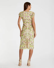 Beige Floral Embellished Flutter Cap Sleeve Dress