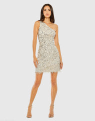 Silver One Shoulder Embellished Fringe Detail Dress