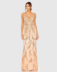 Pink V Neck Sequin Embellished Gown
