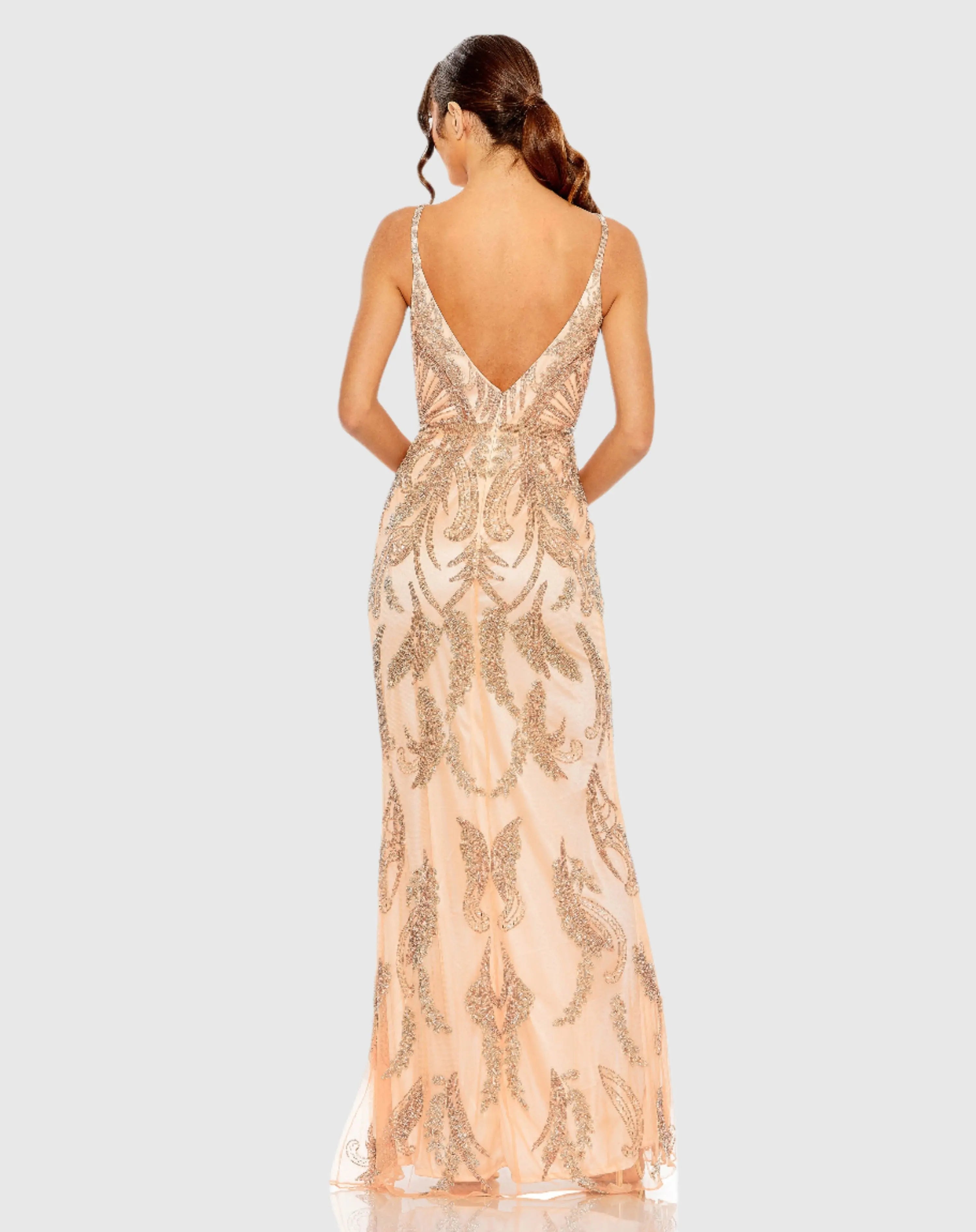Pink V Neck Sequin Embellished Gown