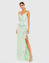 Light Green Satin Ruffled Asymmetrical Gown