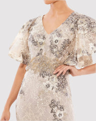 Beige Bell Sleeve Floral Embellished Gown