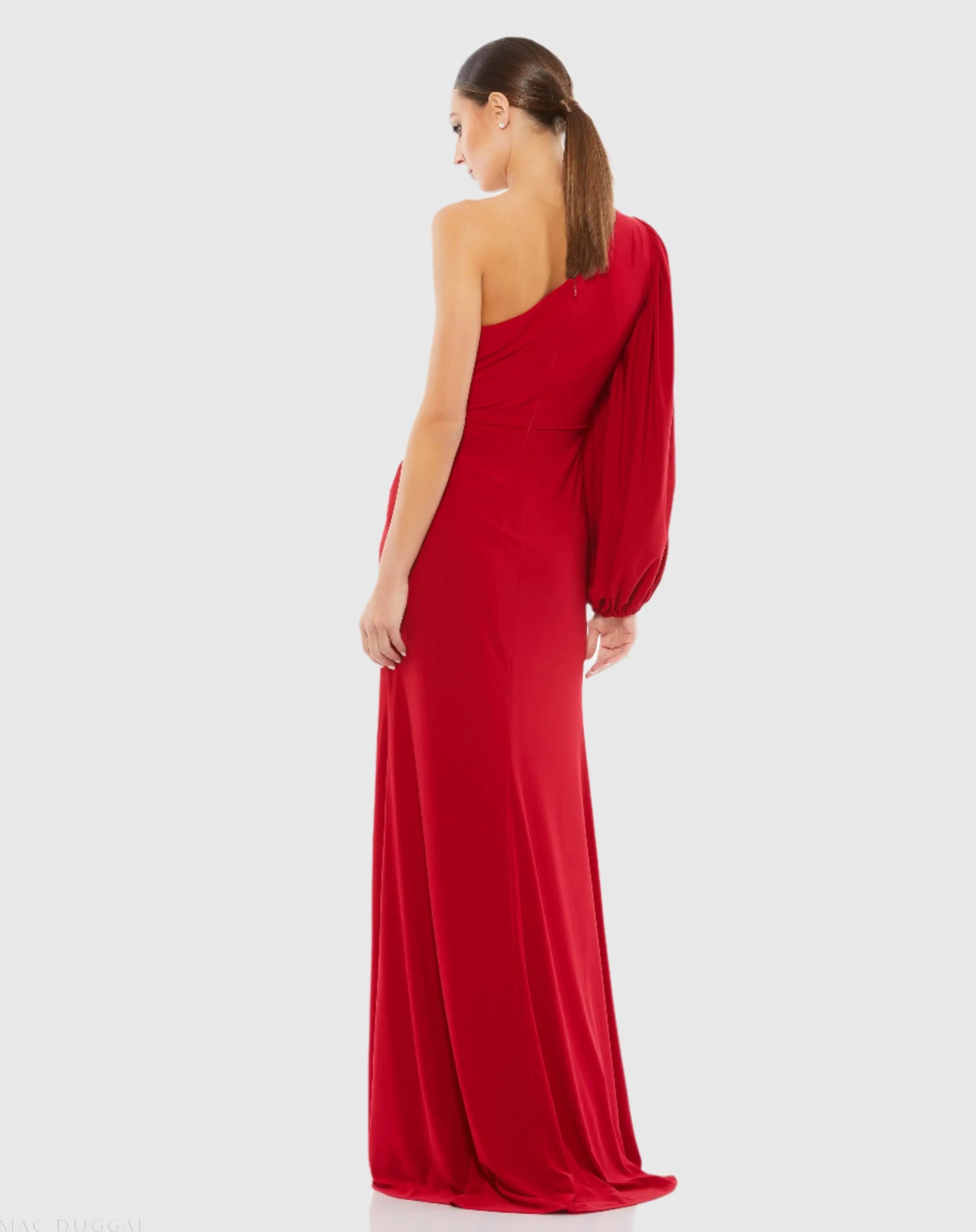Red One Shoulder Puff Sleeve Faux Wrap Gown
