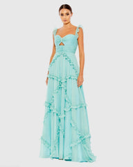 Blue Ruffle Tiered Sleeveless Flowy A Line Gown